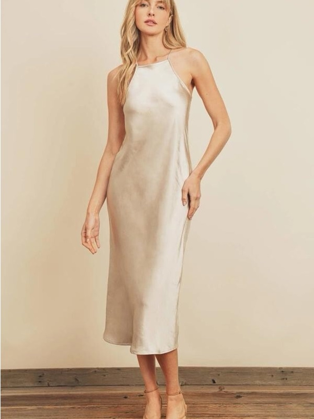 Dress Forum Champagne Satin Halter Tie Neck Slip Dress